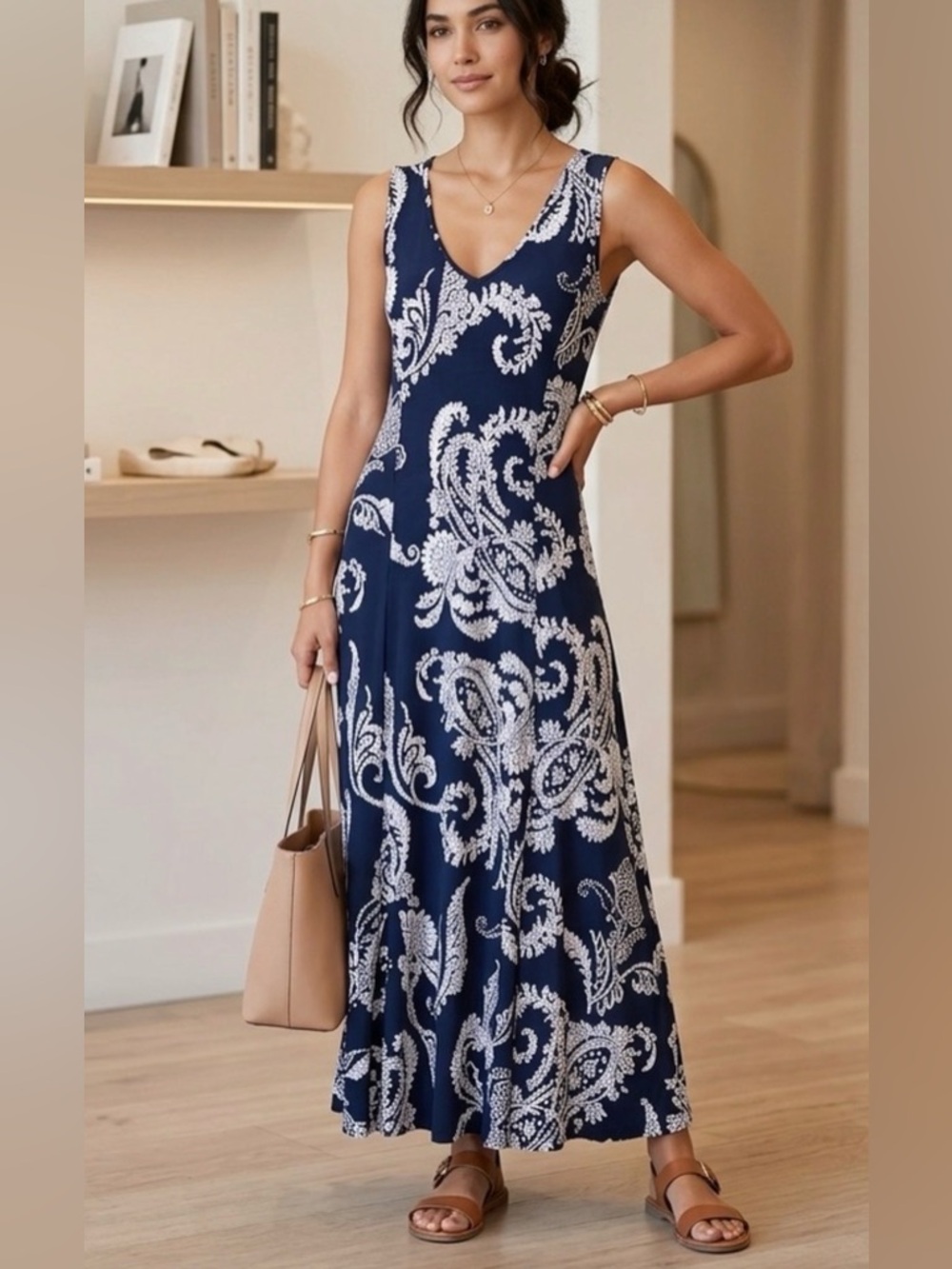 NY Collection Navy Paisley V-Neck Maxi Dress size 2X